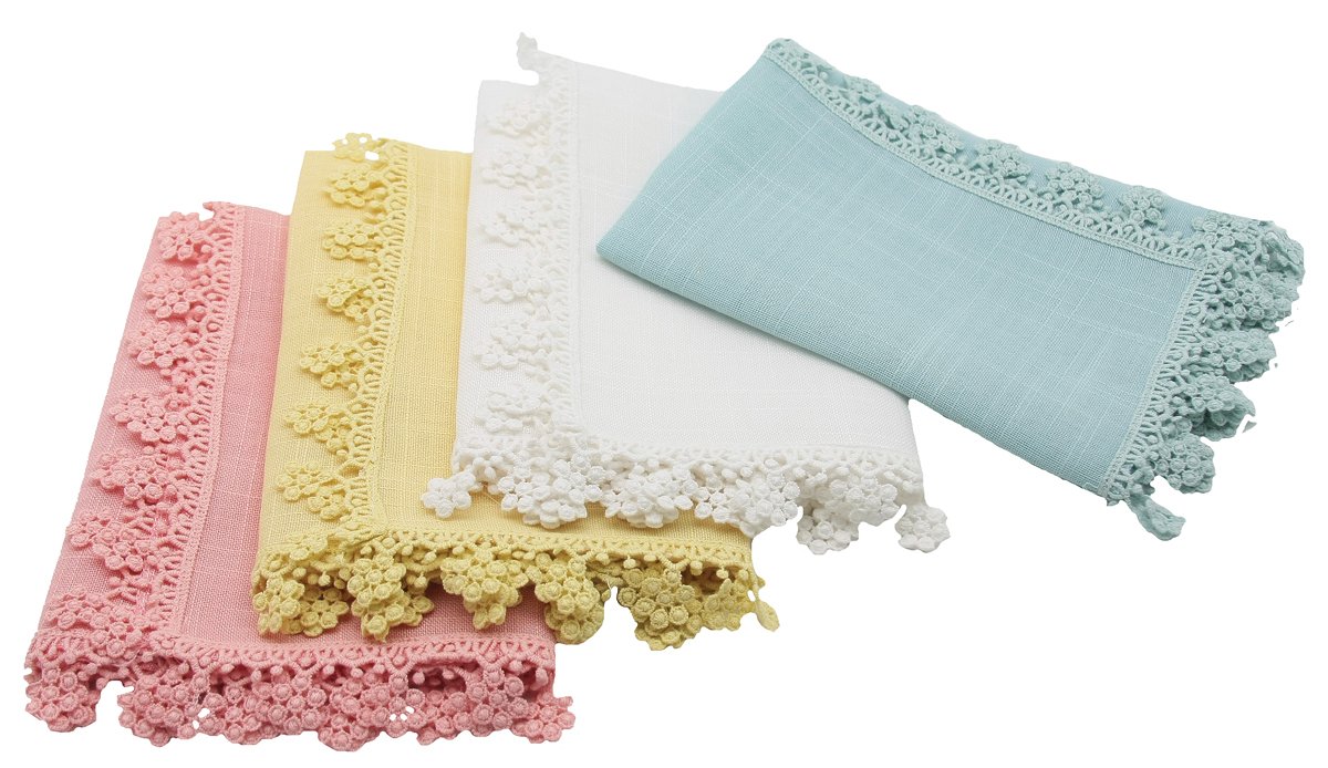 Set of 4 ML16152 Floral Charm Lace Trim Napkins with elegant floral lace trim in pastel colors, perfect for spring decor.