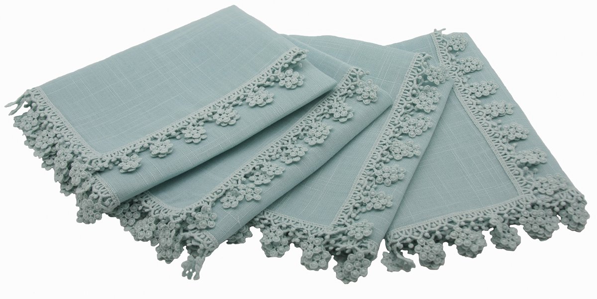 Set of 4 ML16152 Floral Charm Lace Trim Napkins with elegant floral lace trim in pastel colors, perfect for spring decor.
