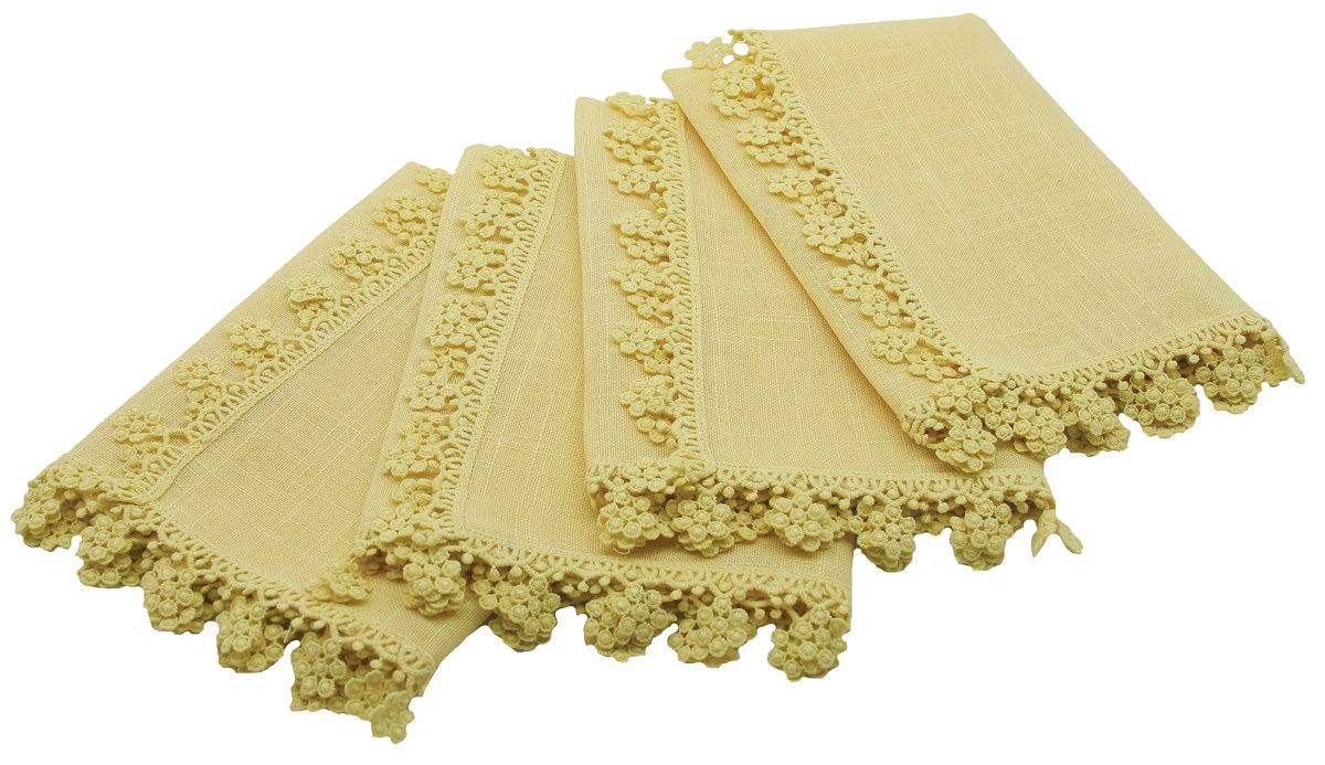 Set of 4 ML16152 Floral Charm Lace Trim Napkins with elegant floral lace trim in pastel colors, perfect for spring decor.