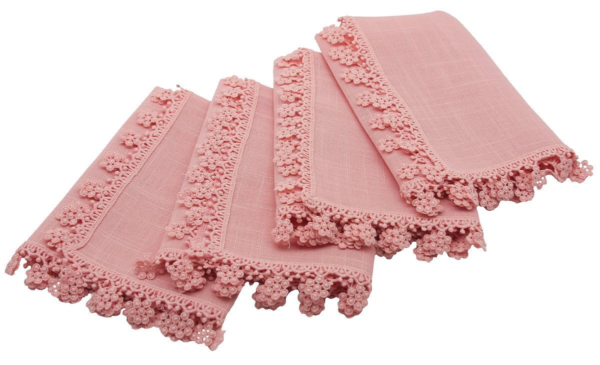 Set of 4 ML16152 Floral Charm Lace Trim Napkins with elegant floral lace trim in pastel colors, perfect for spring decor.