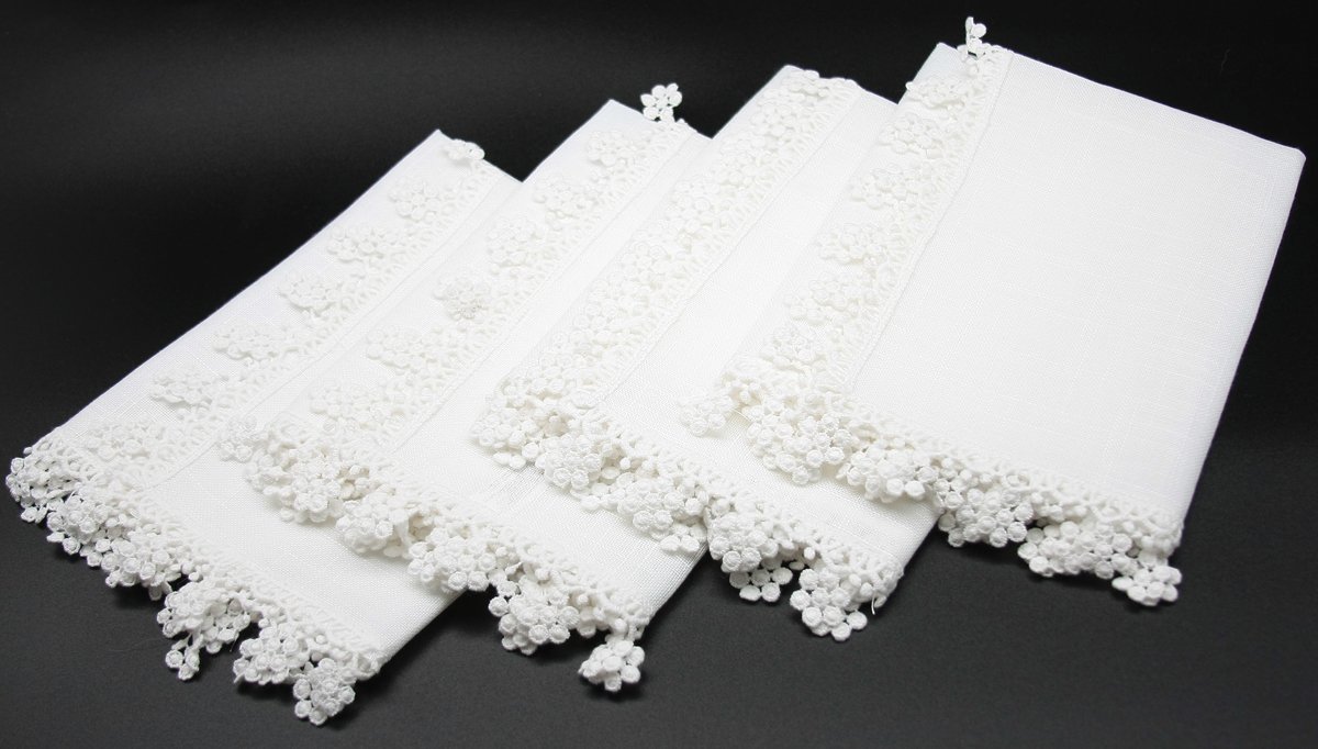Set of 4 ML16152 Floral Charm Lace Trim Napkins with elegant floral lace trim in pastel colors, perfect for spring decor.