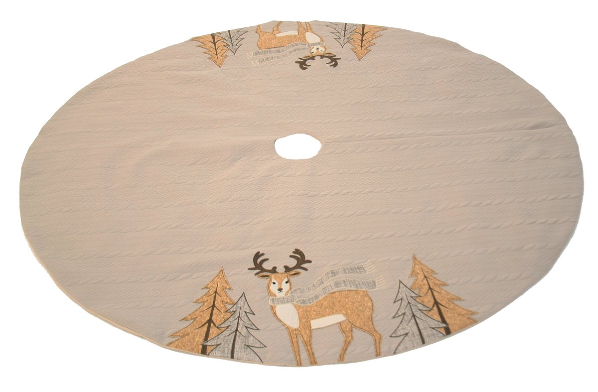 Cozy Reindeer Tree Skirt, 56 inches round, featuring an embroidered reindeer on a textured sweater background, perfect for holiday decor.