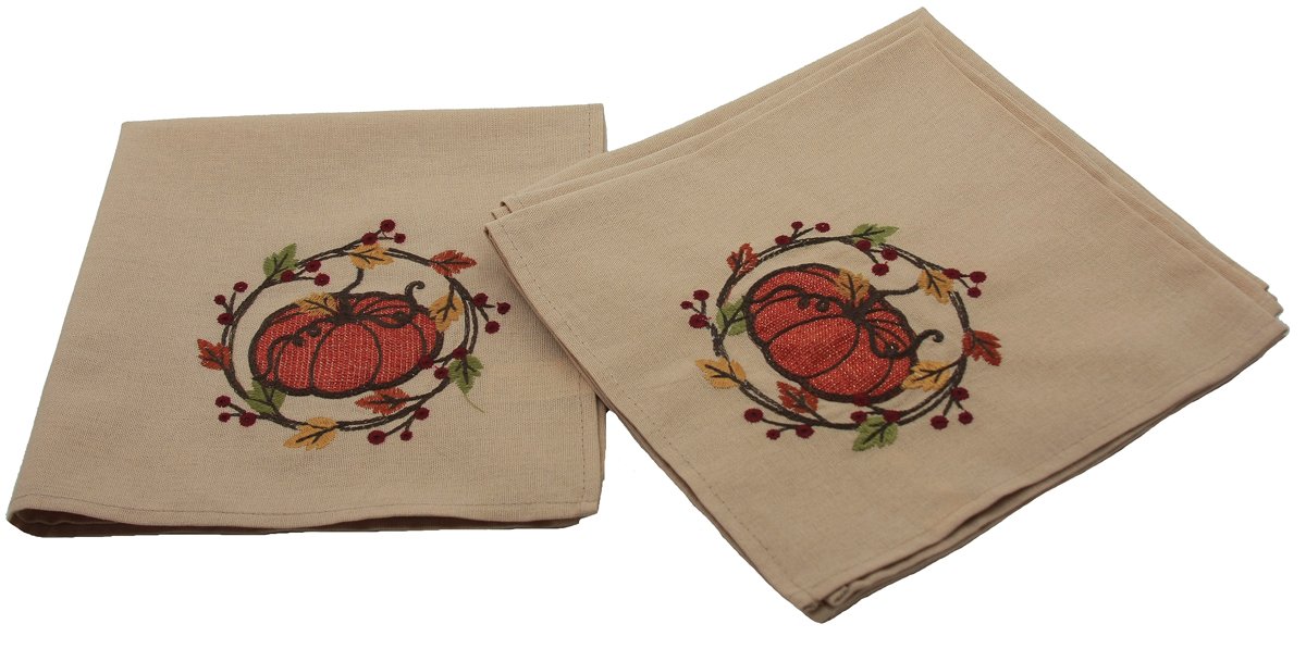 Set of 4 Rustic Pumpkin Wreath Napkins featuring embroidered pumpkin and autumn leaves design, perfect for Thanksgiving dining.
