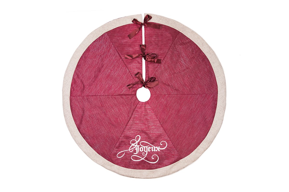 ML17125 Joyeux Christmas Tree Skirt, 56 inches round, featuring embroidered 'Joyeux' message and shimmering fabric, perfect for holiday decor.