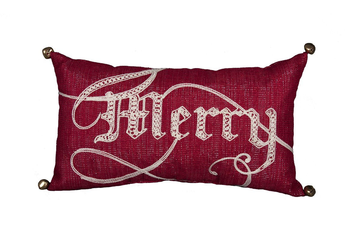 ML17126 Merry Christmas Pillow, 8x14 inches, featuring an embroidered 'Merry' message with ribbon accents on a shimmering fabric.