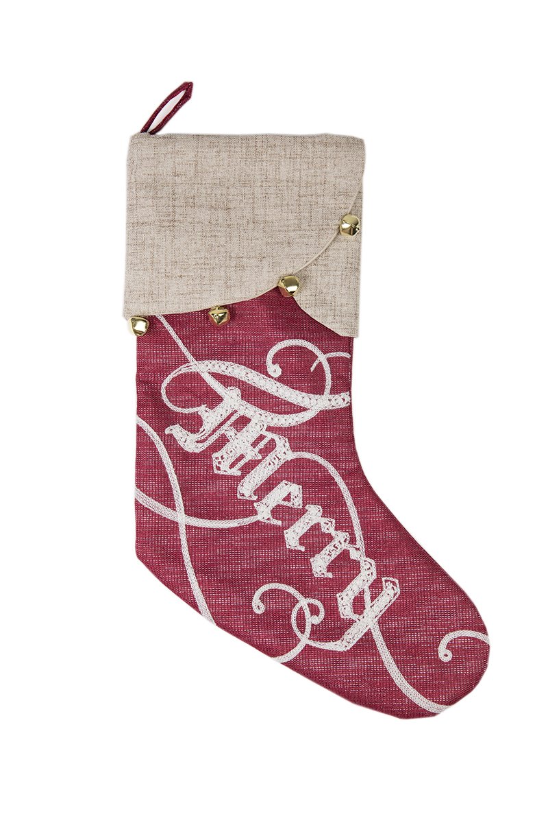 20-inch Merry Christmas Stocking with shimmering fabric and embroidered 'Merry' message, perfect for holiday decor.