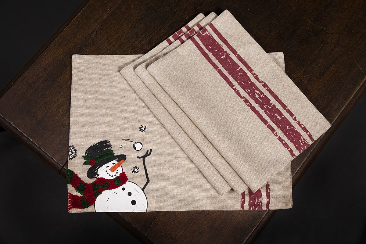 Set of 4 ML17128 Frosty Placemats featuring a whimsical snowman design with tufted embroidered accents, perfect for holiday dining.