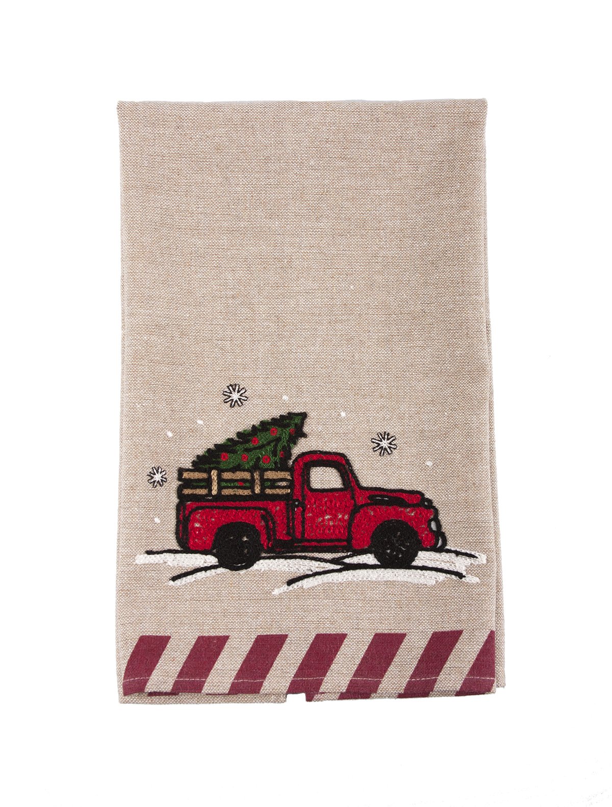 A festive Christmas tea towel featuring a whimsical red pick-up truck design, perfect for holiday kitchen decor.