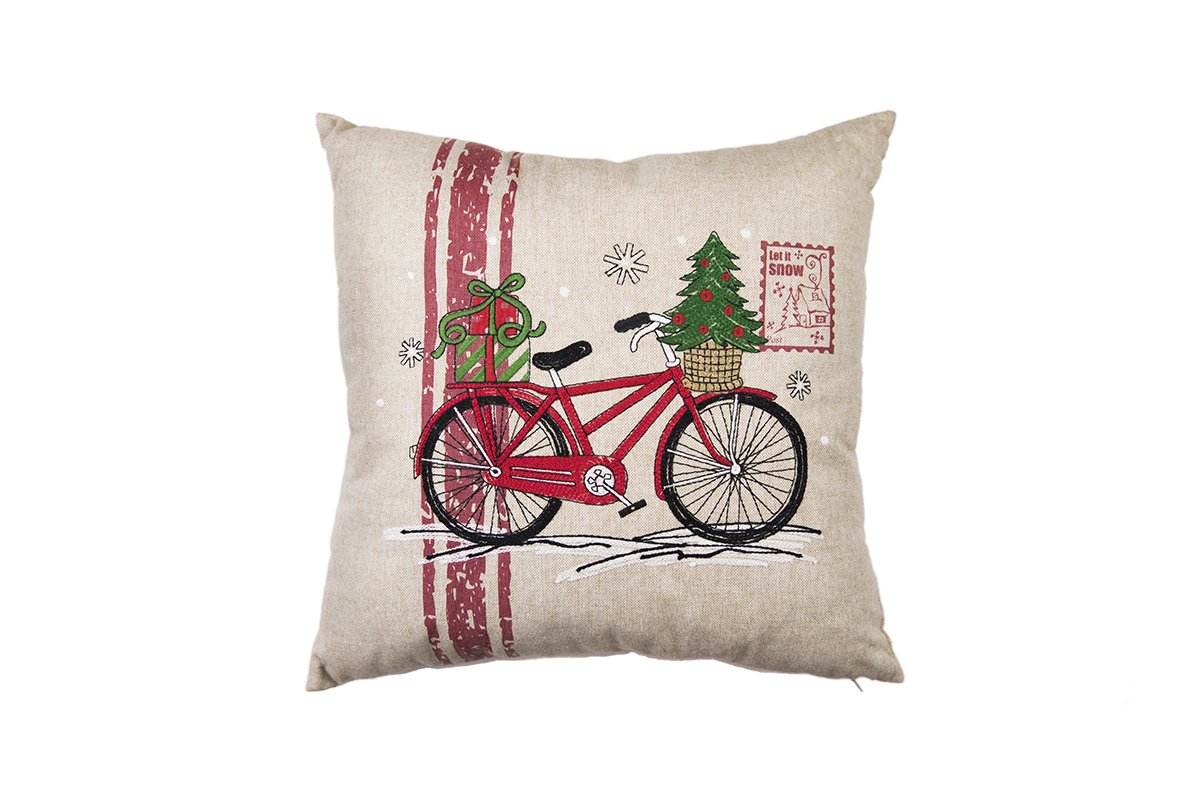 ML17132 Noel Bike Pillow featuring a whimsical red bike design with embroidered Christmas trees and gifts, perfect for holiday decor.
