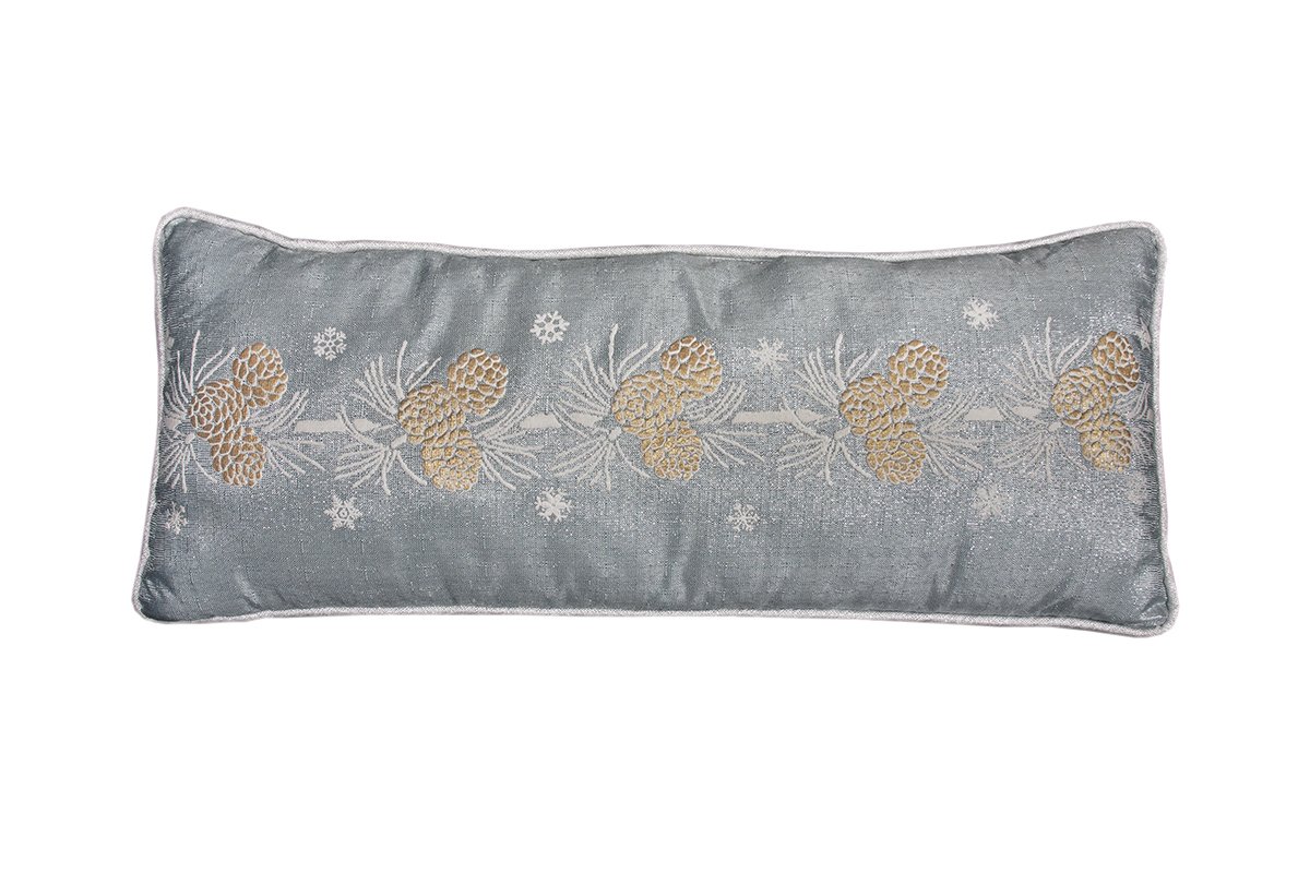 ML17117 Winter Pine Cone Pillow featuring frosted pine cones on a shimmering winter blue background, perfect for holiday decor.