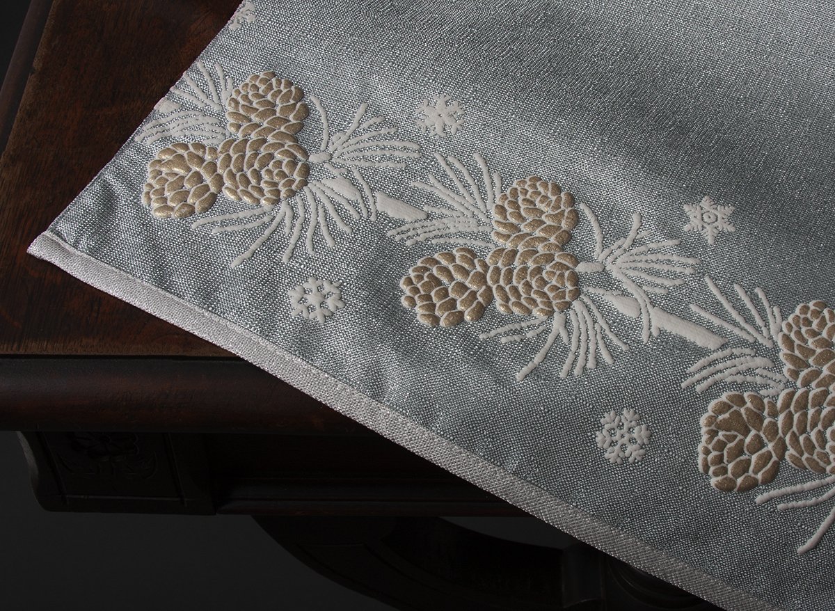 ML17117 Winter Pine Cone Table Runner featuring frosted pine cones on a shimmering winter blue background, perfect for holiday decor.