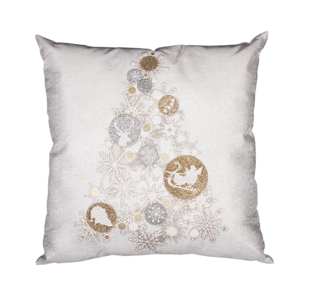 ML17118 Ornament Tree Pillow featuring sparkling gold and silver Christmas ornaments on a shimmering white background, perfect for holiday decor.