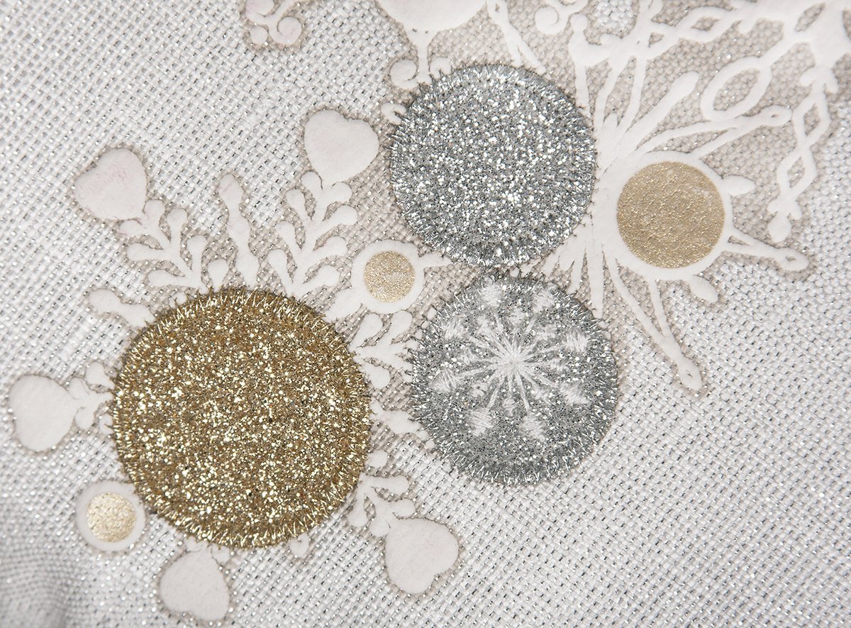 ML17118 Ornament Tree Pillow featuring sparkling gold and silver Christmas ornaments on a shimmering white background, perfect for holiday decor.