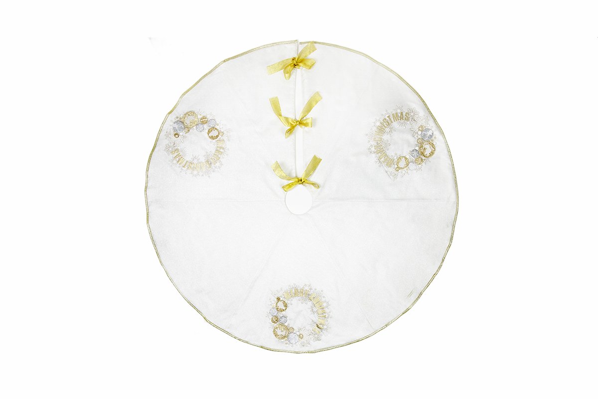 ML17119 Ornament Wreath Tree Skirt, 56 inches round, featuring gold and silver ornaments on a shimmering winter white background.