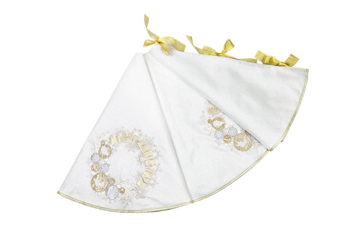 ML17119 Ornament Wreath Tree Skirt, 56 inches round, featuring gold and silver ornaments on a shimmering winter white background.