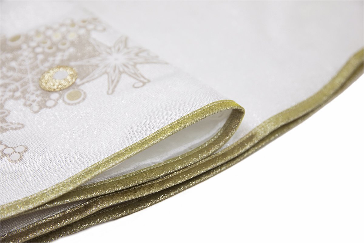 ML17119 Ornament Wreath Tree Skirt, 56 inches round, featuring gold and silver ornaments on a shimmering winter white background.