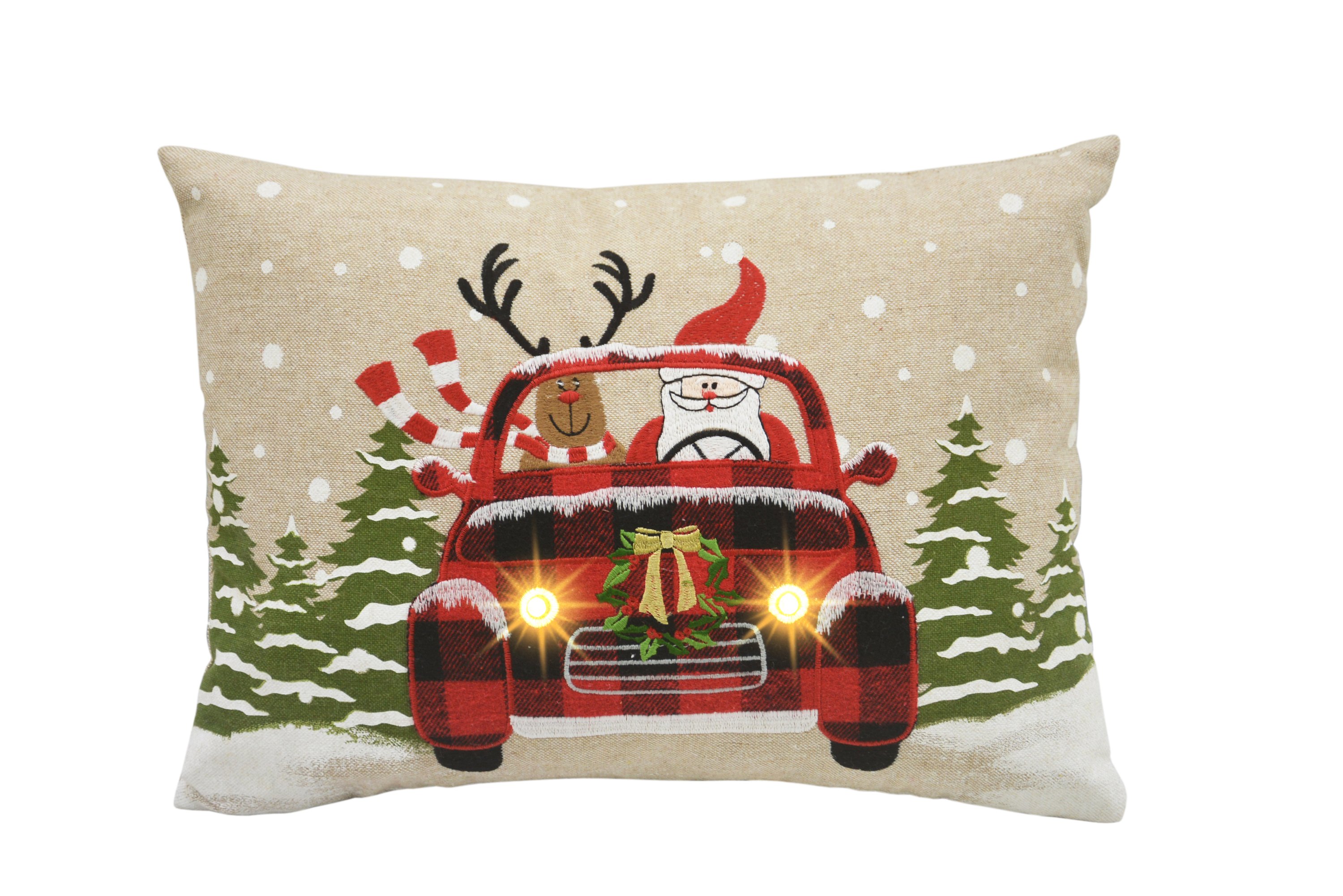 ML18922 Snowy Car By Santa Light Up Pillow featuring Santa and a deer in a red plaid car, illuminated headlights, set against a snowy forest backdrop.