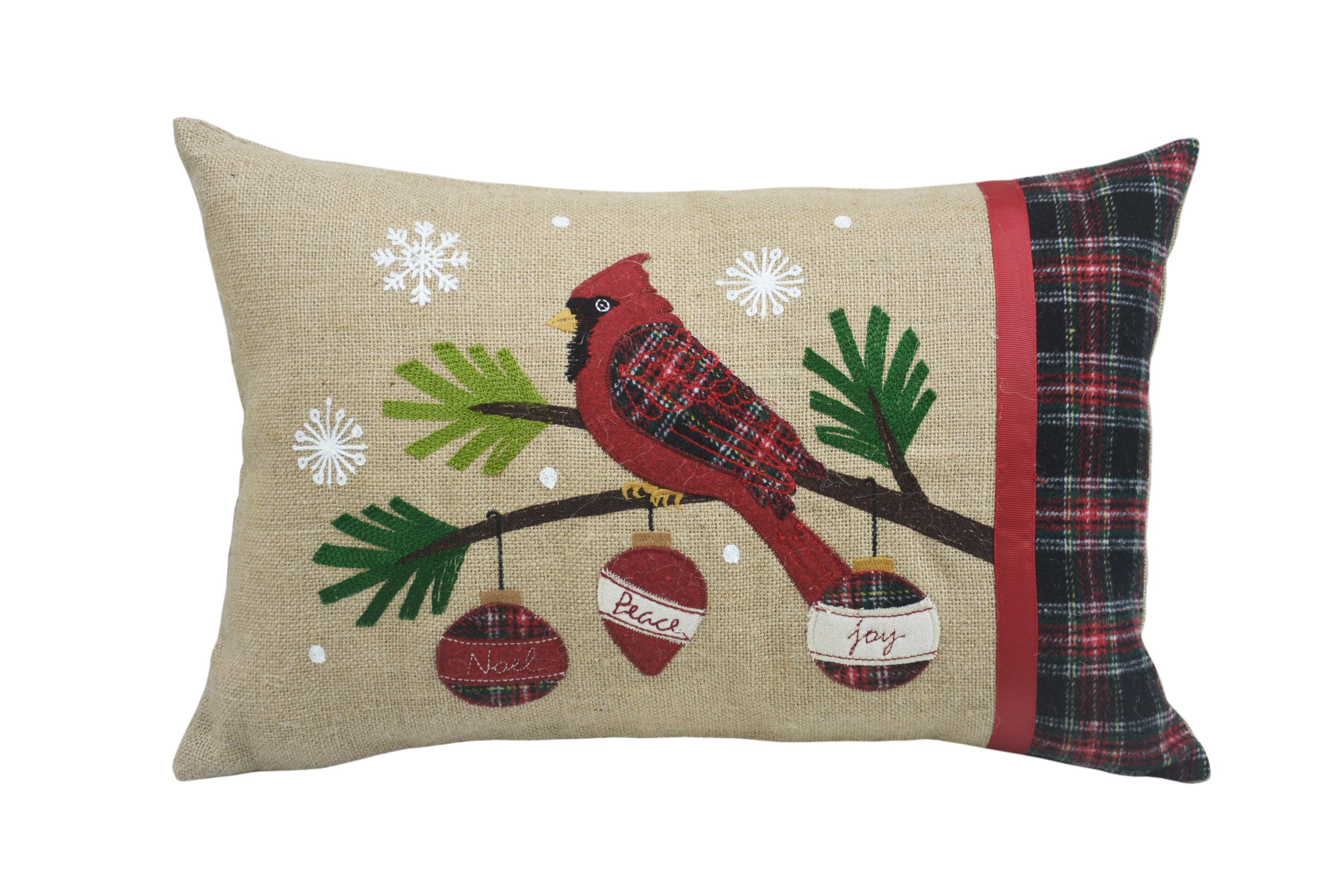 ML18926 Cardinal Noel Peace Joy Jute Pillow featuring a cardinal and Christmas ornaments design on jute fabric.