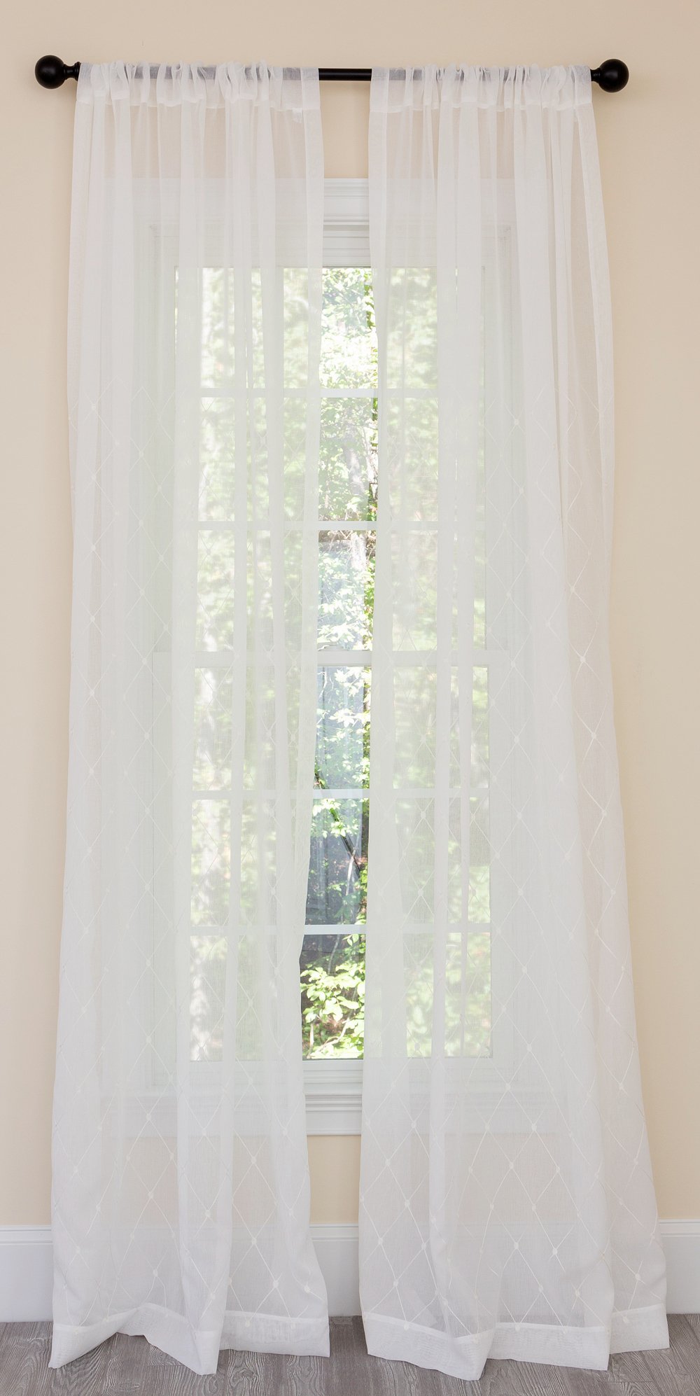 ML19003 Bonita Diamond Curtain featuring elegant geometric embroidery on sheer fabric, available in white and gold.