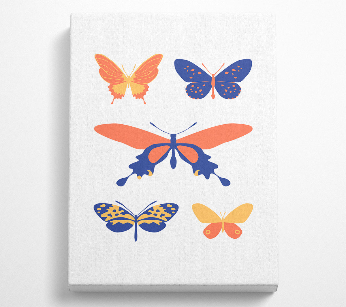 A vibrant Modern Butterfly artwork printed on coated polyester canvas, mounted on a 44mm box frame, ready to hang.
