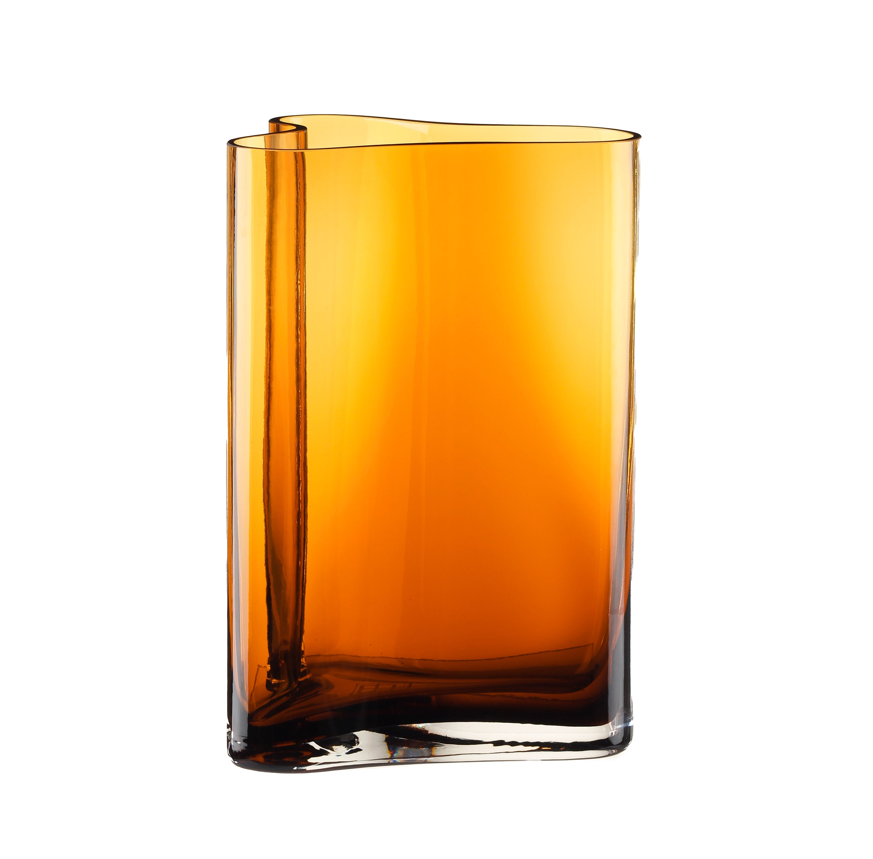 Modern tall vase in amber color, inspired by coral and Scandinavian design, made of thick glass with an organic shape.