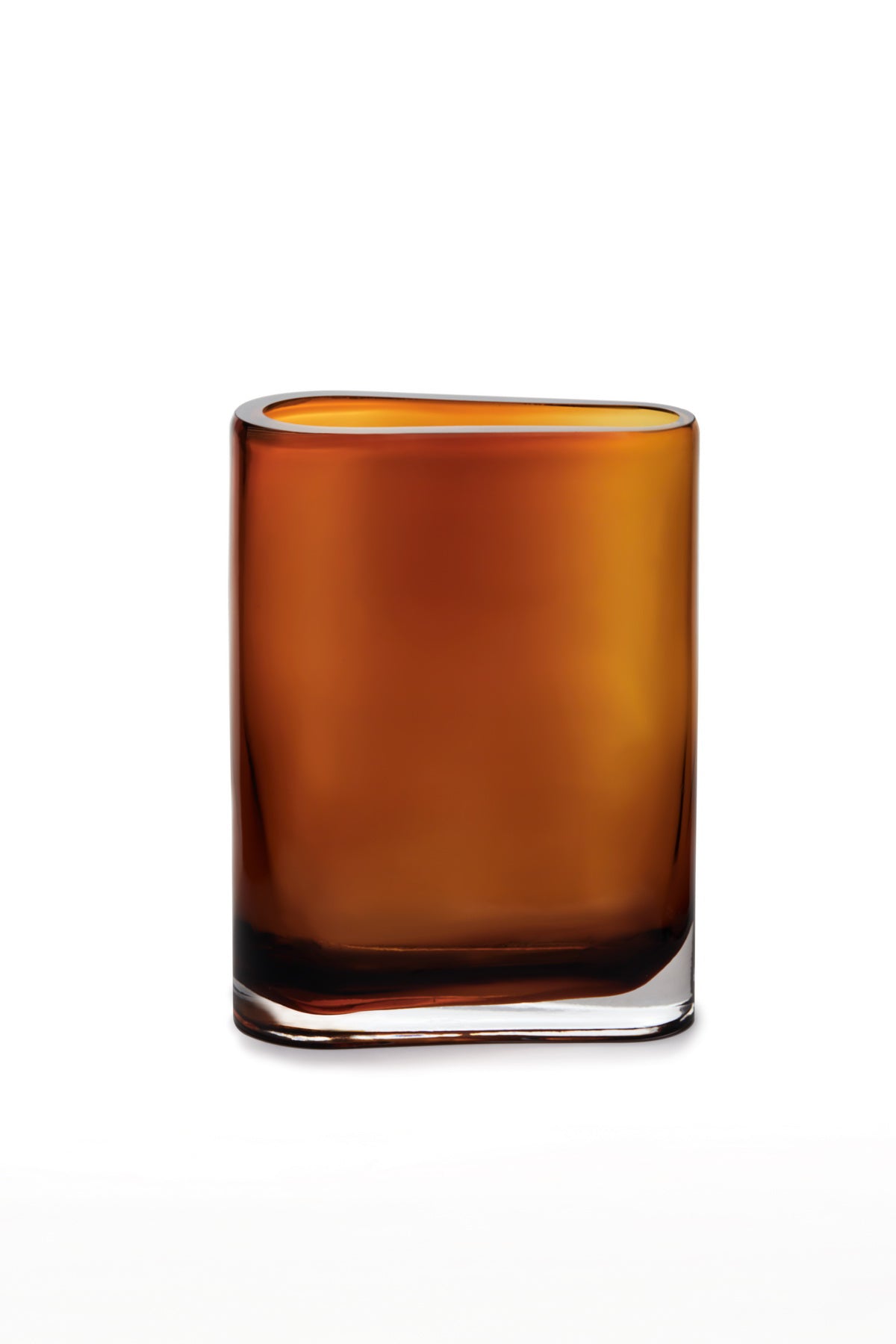 Modern design vase in amber color with unique asymmetric shape, featuring two circles of different diameters.