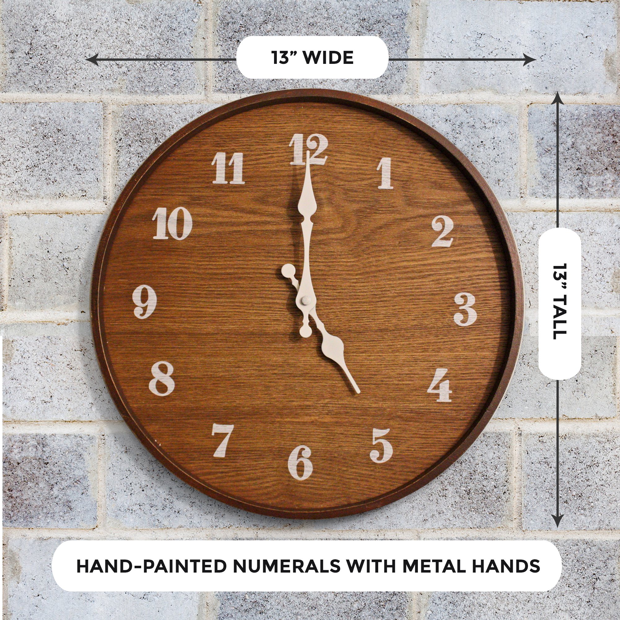 A stylish 13-inch modern wall clock made of real wood with hand-painted numbers and cast iron hands, perfect for home decor.