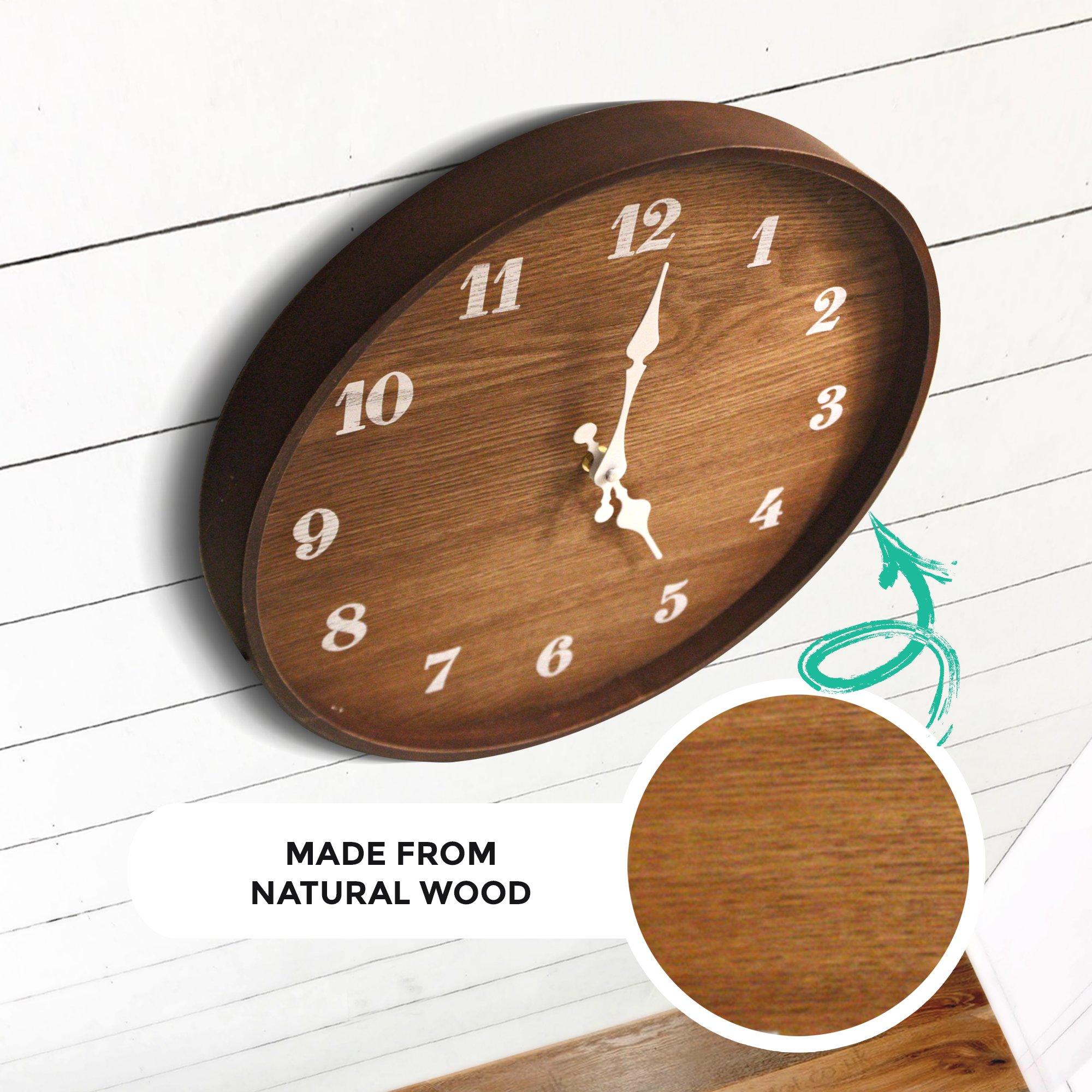 A stylish 13-inch modern wall clock made of real wood with hand-painted numbers and cast iron hands, perfect for home decor.