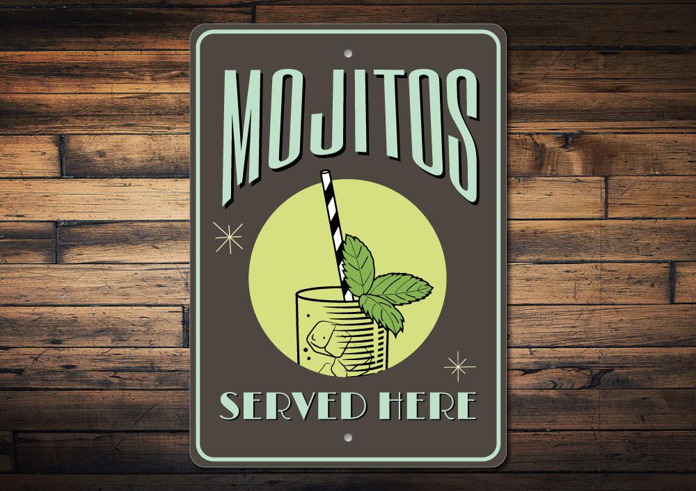 A vibrant Mojitos sign made of high-quality aluminum, featuring a fun design perfect for kitchens and bars.