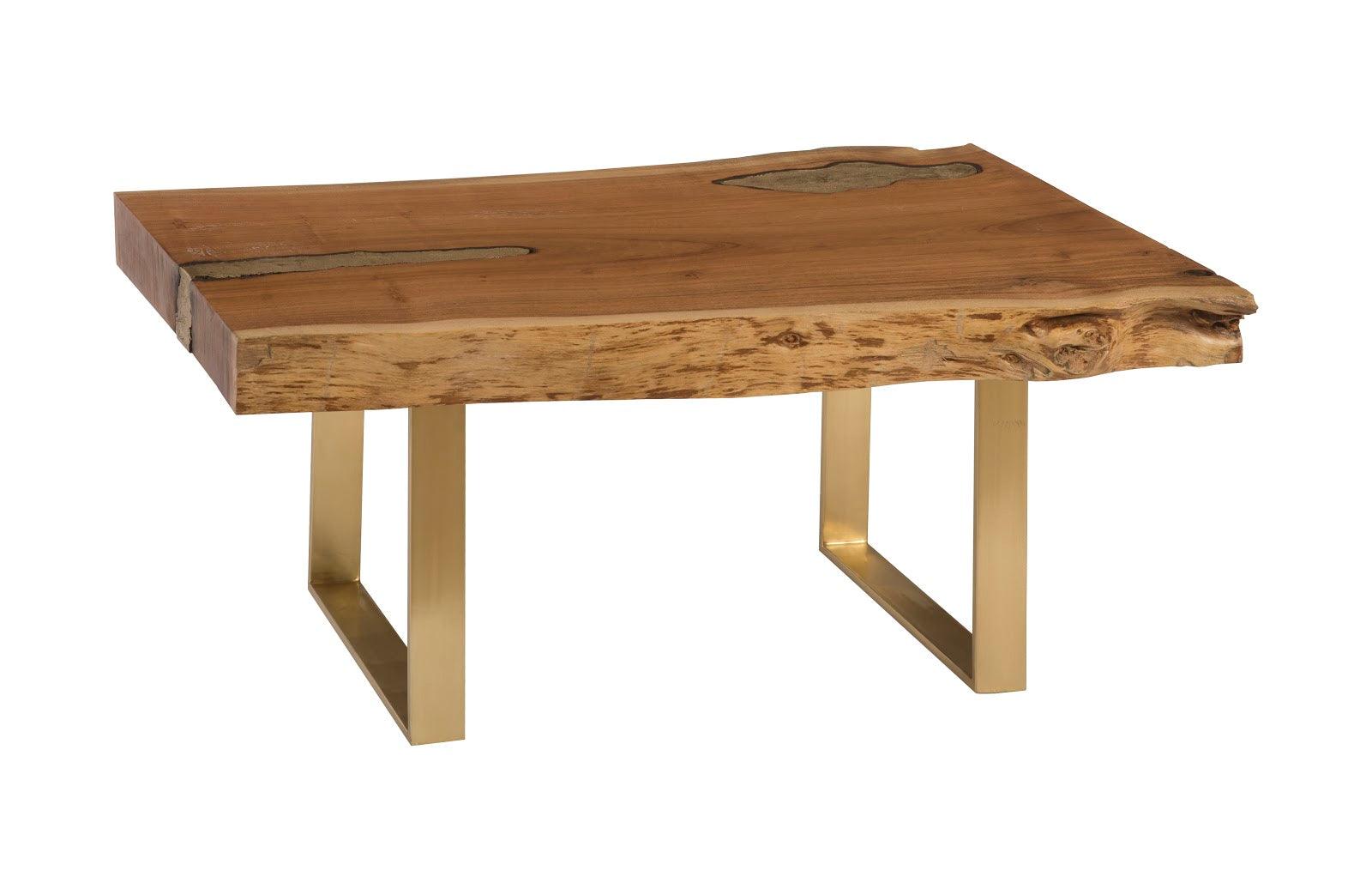 Molten Coffee Table featuring poured brass design and reclaimed wood, showcasing unique grain patterns and a stylish modern aesthetic.