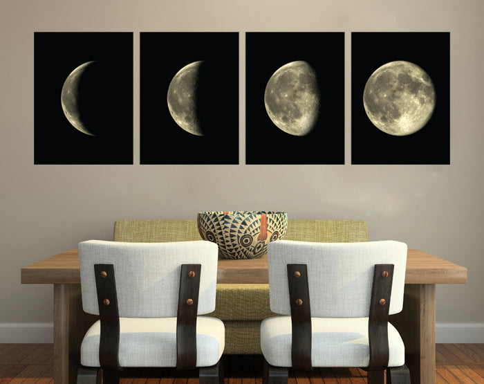 Set of 4 removable Moon Phases wall decals showcasing different lunar phases in a stylish design, perfect for home decor.