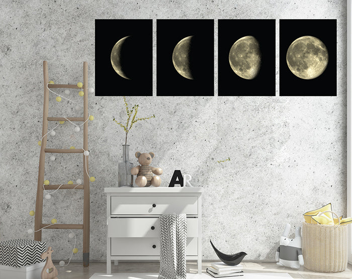 Set of 4 removable Moon Phases wall decals showcasing different lunar phases in a stylish design, perfect for home decor.