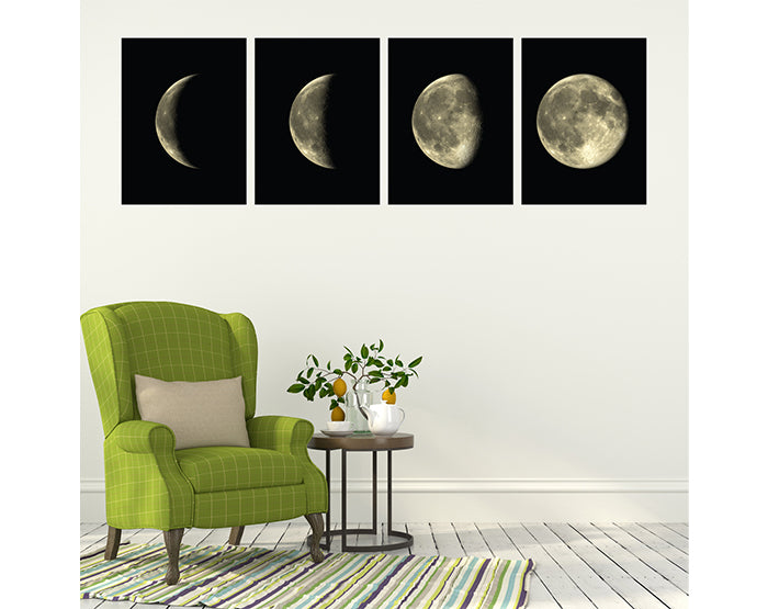 Set of 4 removable Moon Phases wall decals showcasing different lunar phases in a stylish design, perfect for home decor.