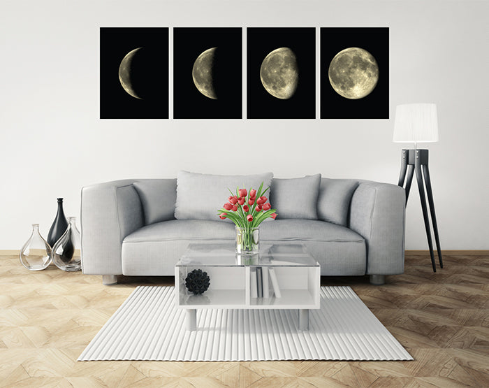 Set of 4 removable Moon Phases wall decals showcasing different lunar phases in a stylish design, perfect for home decor.