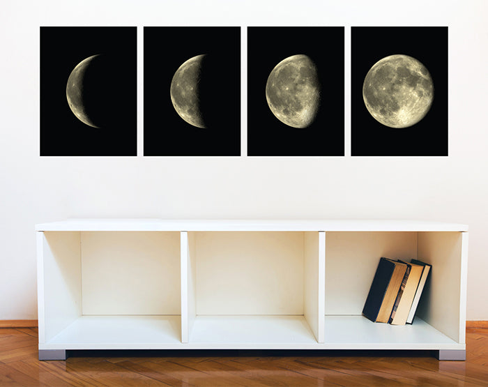 Set of 4 removable Moon Phases wall decals showcasing different lunar phases in a stylish design, perfect for home decor.