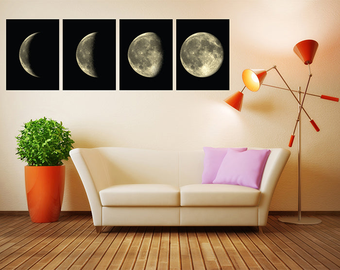 Set of 4 removable Moon Phases wall decals showcasing different lunar phases in a stylish design, perfect for home decor.