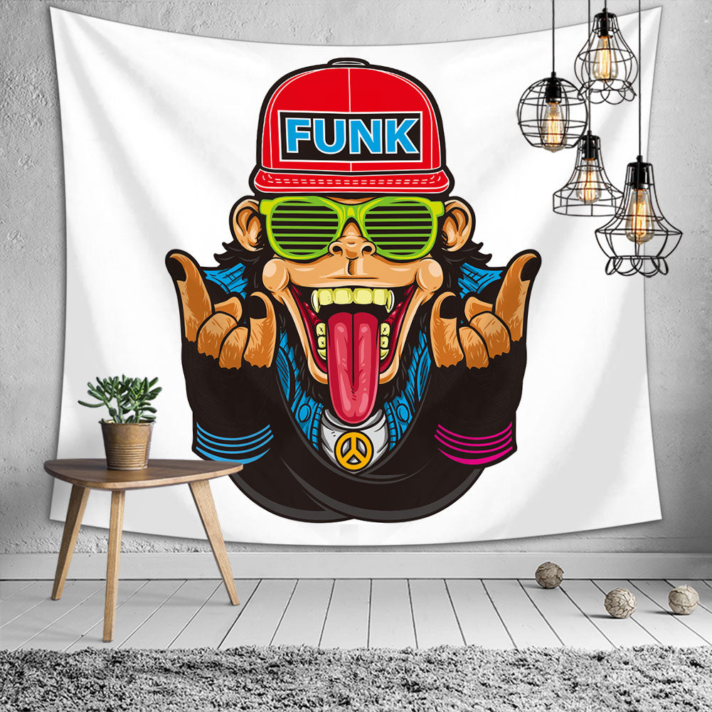 Monkey Funky Tapestry featuring a vibrant monkey design, made of soft polyester fabric, ideal for wall hanging and home decor.