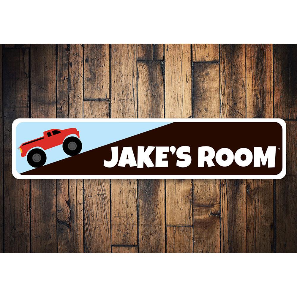 Colorful Monster Truck Sign designed for children's rooms, featuring vibrant graphics and customizable text options.