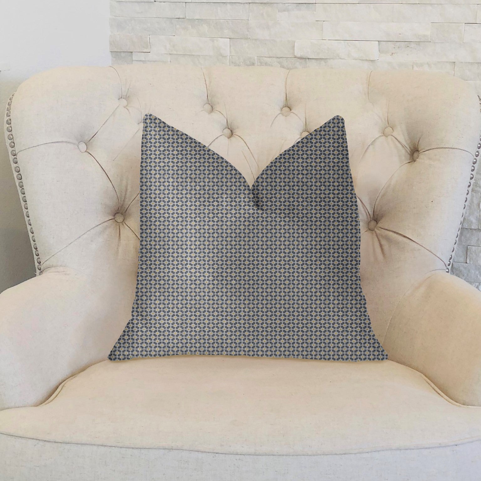Mosaic Gray and Beige and Gold Luxury Throw Pillow featuring geometric patterns and a plush design, handmade in the USA.