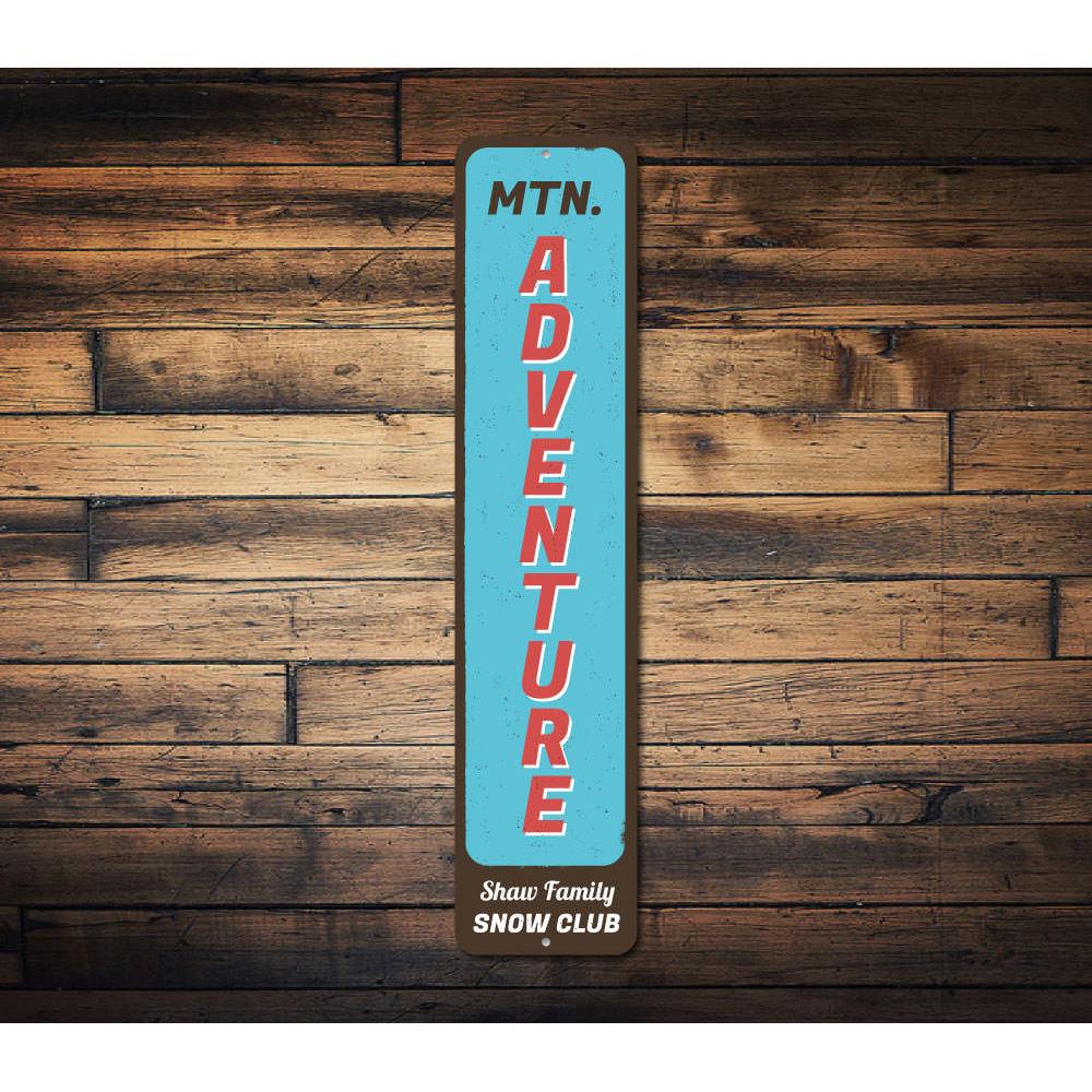 Mountain Adventure Vertical Sign made of high-quality aluminum, featuring a ski lodge theme, perfect for indoor or outdoor decor.
