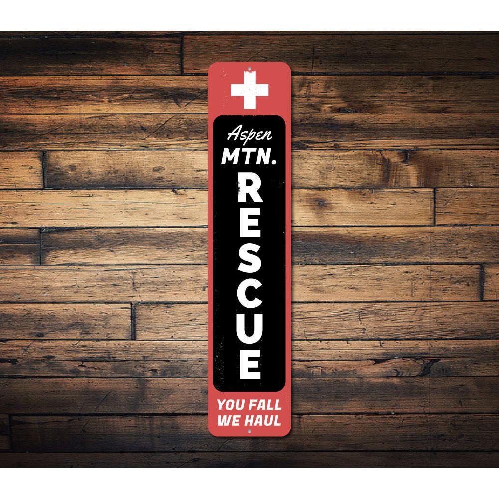 Mountain Rescue Vertical Sign made of high-quality aluminum, featuring customizable text and pre-drilled holes for easy mounting.