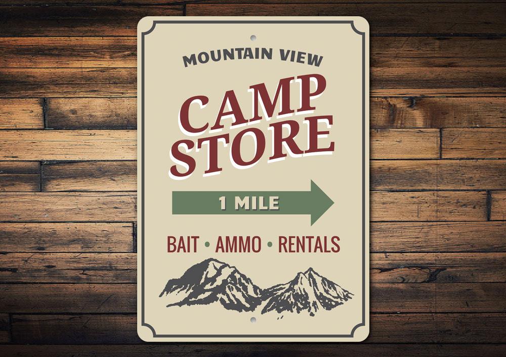Mountain View Camp Store Sign made of aluminum, featuring a rustic design suitable for indoor and outdoor decor.