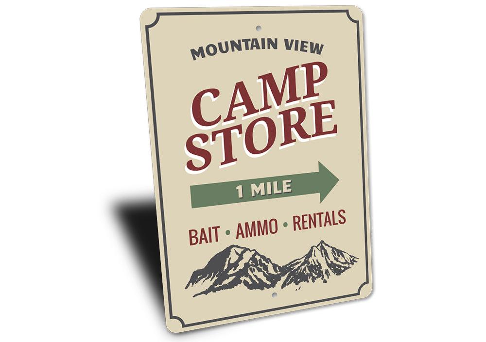 Mountain View Camp Store Sign made of aluminum, featuring a rustic design suitable for indoor and outdoor decor.