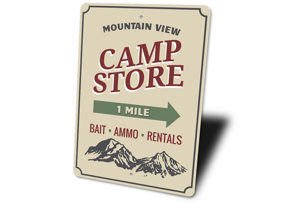 Mountain View Camp Store Sign made of aluminum, featuring a rustic design suitable for indoor and outdoor decor.