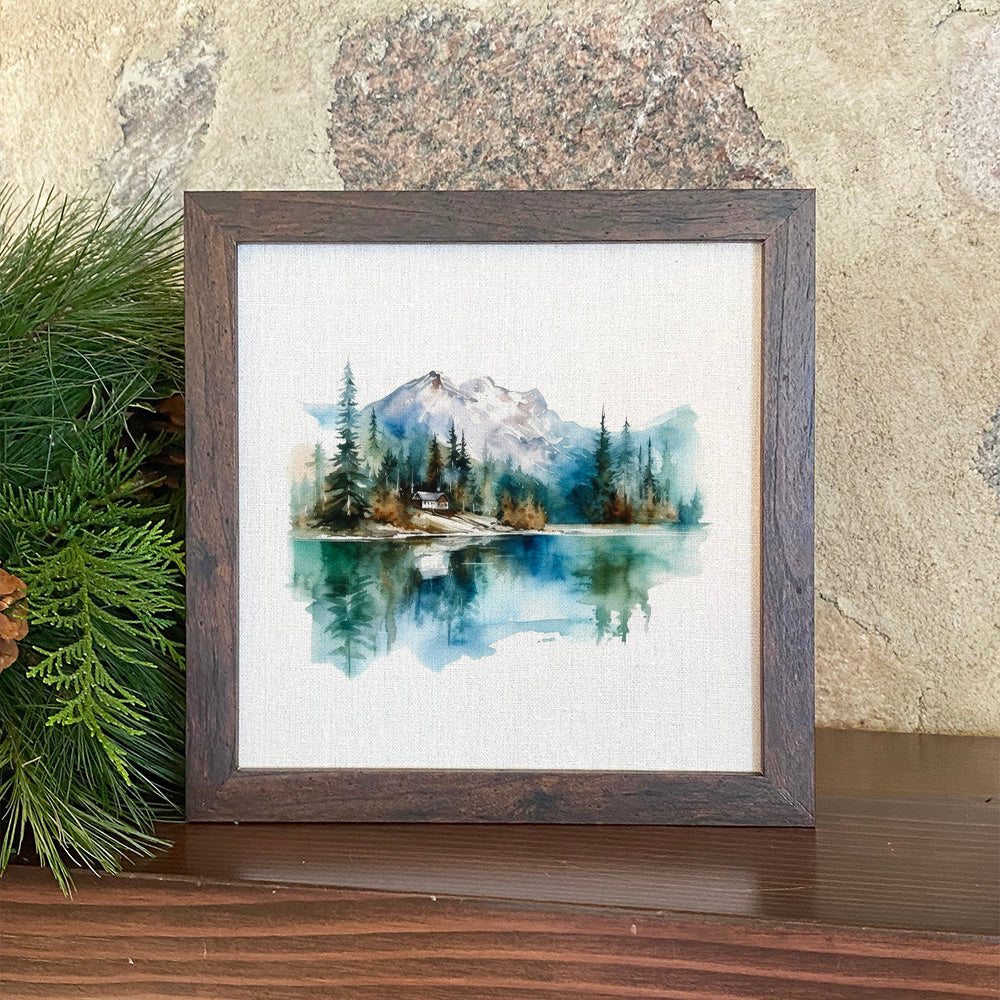 Mountains and Lake Framed Sign with walnut veneer frame and eco-friendly ink printing on a linen-look background.