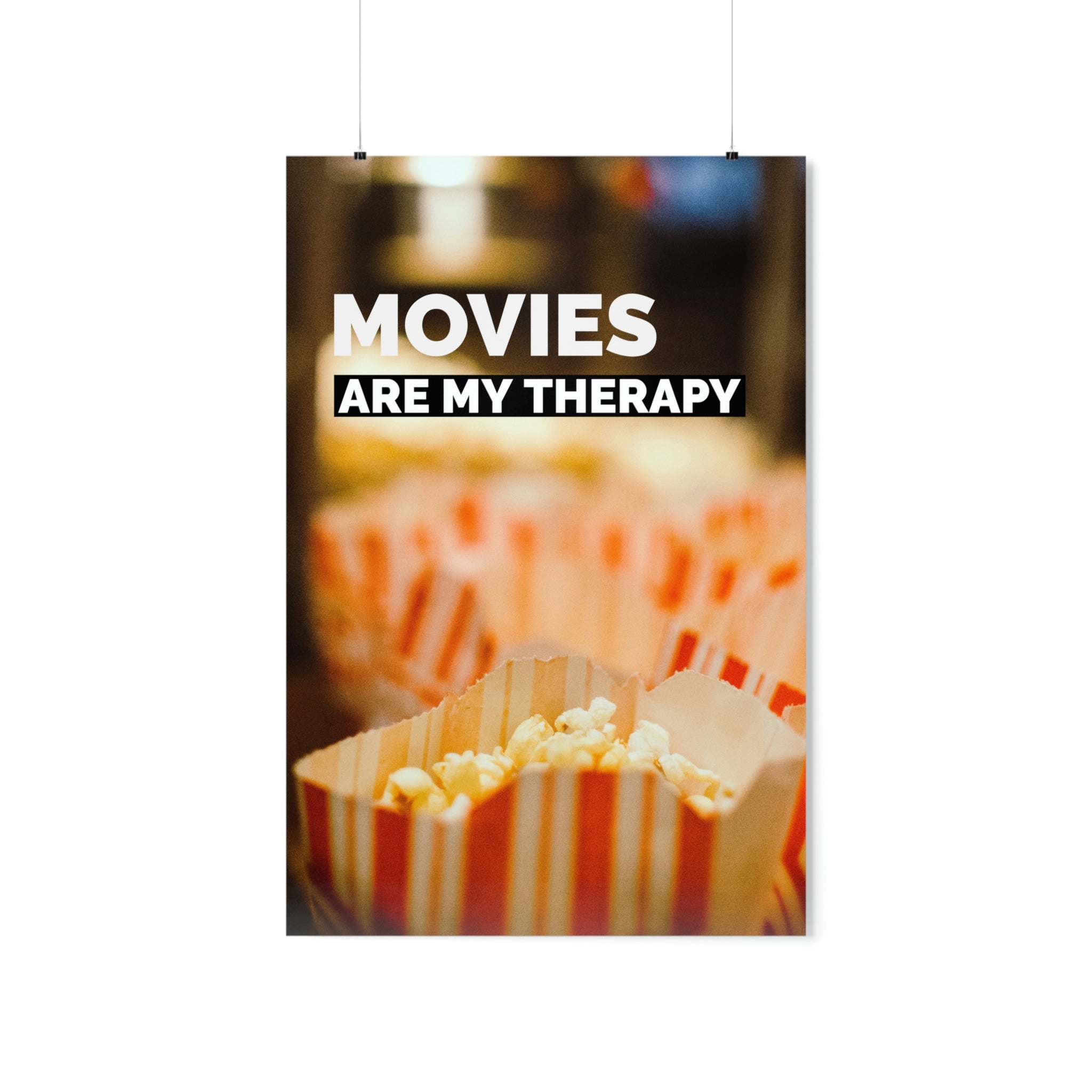 Movies Are My Therapy Poster on fine art paper, showcasing vibrant colors and a matte finish, perfect for indoor decor.