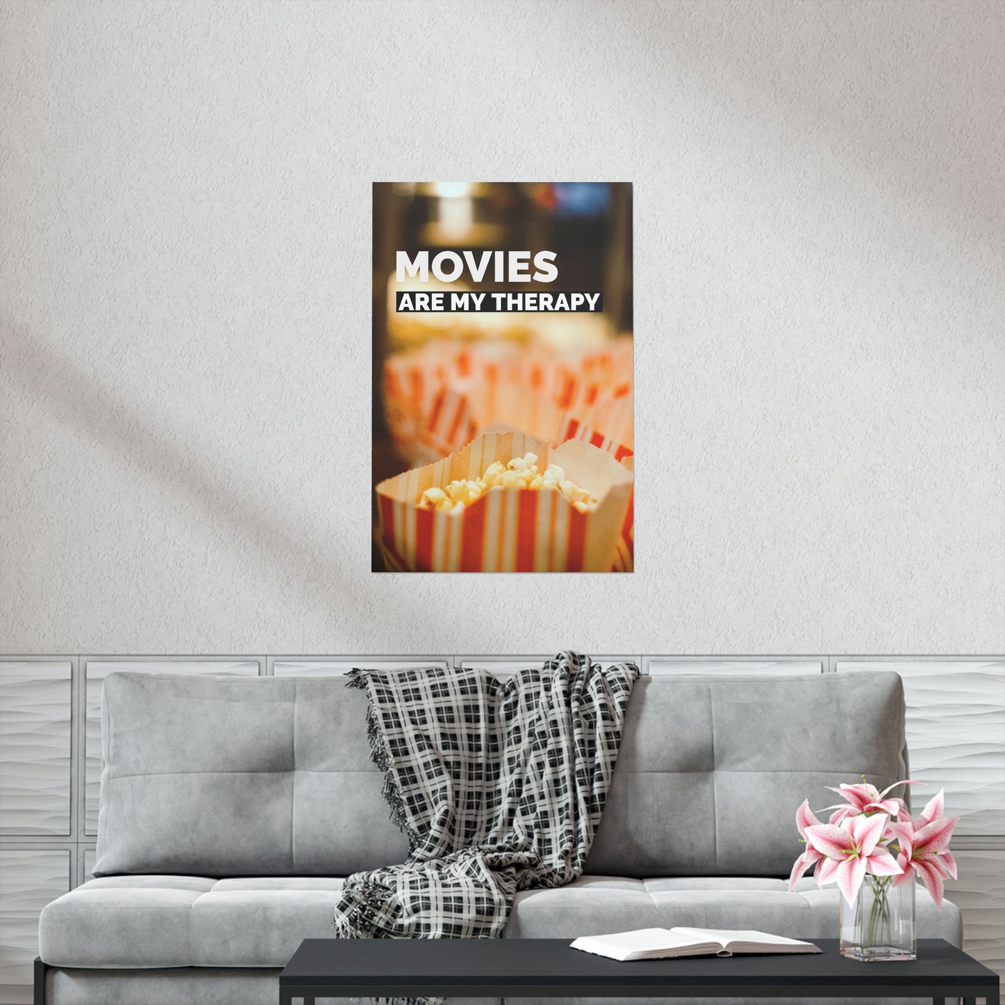 Movies Are My Therapy Poster on fine art paper, showcasing vibrant colors and a matte finish, perfect for indoor decor.