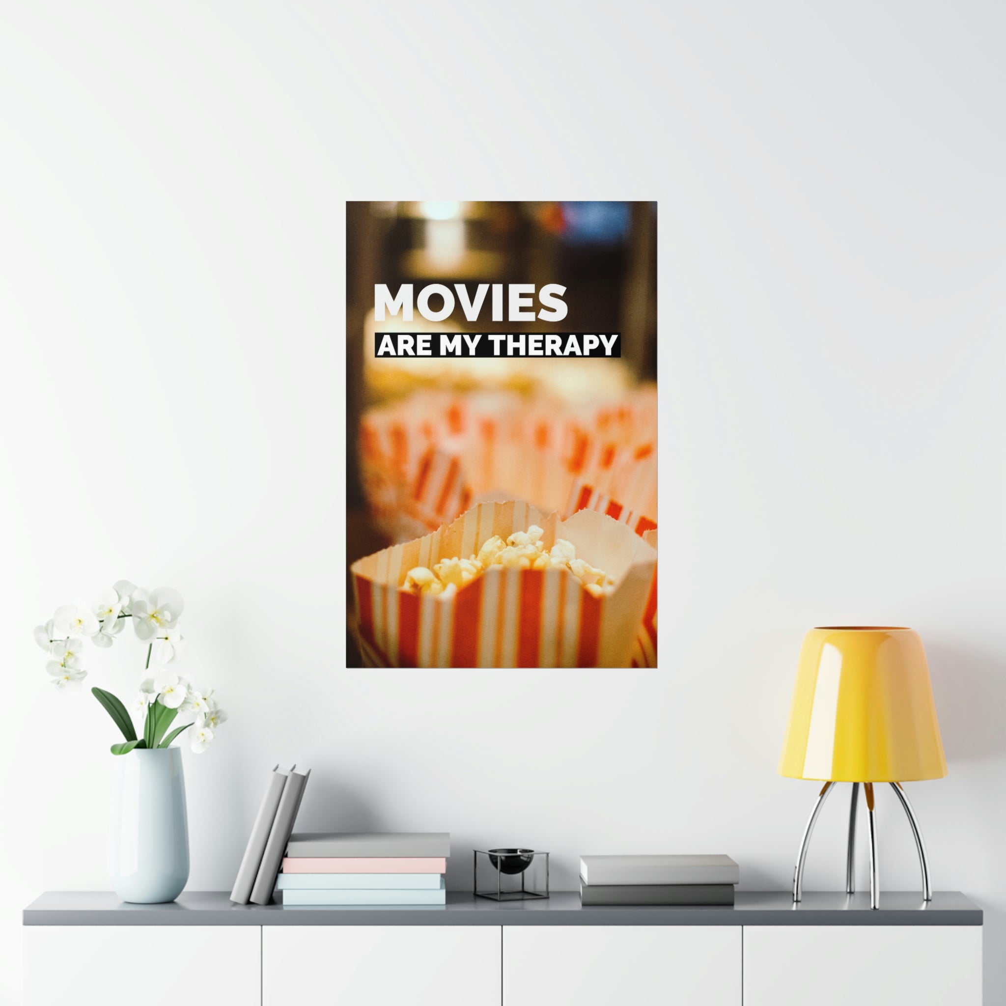 Movies Are My Therapy Poster on fine art paper, showcasing vibrant colors and a matte finish, perfect for indoor decor.
