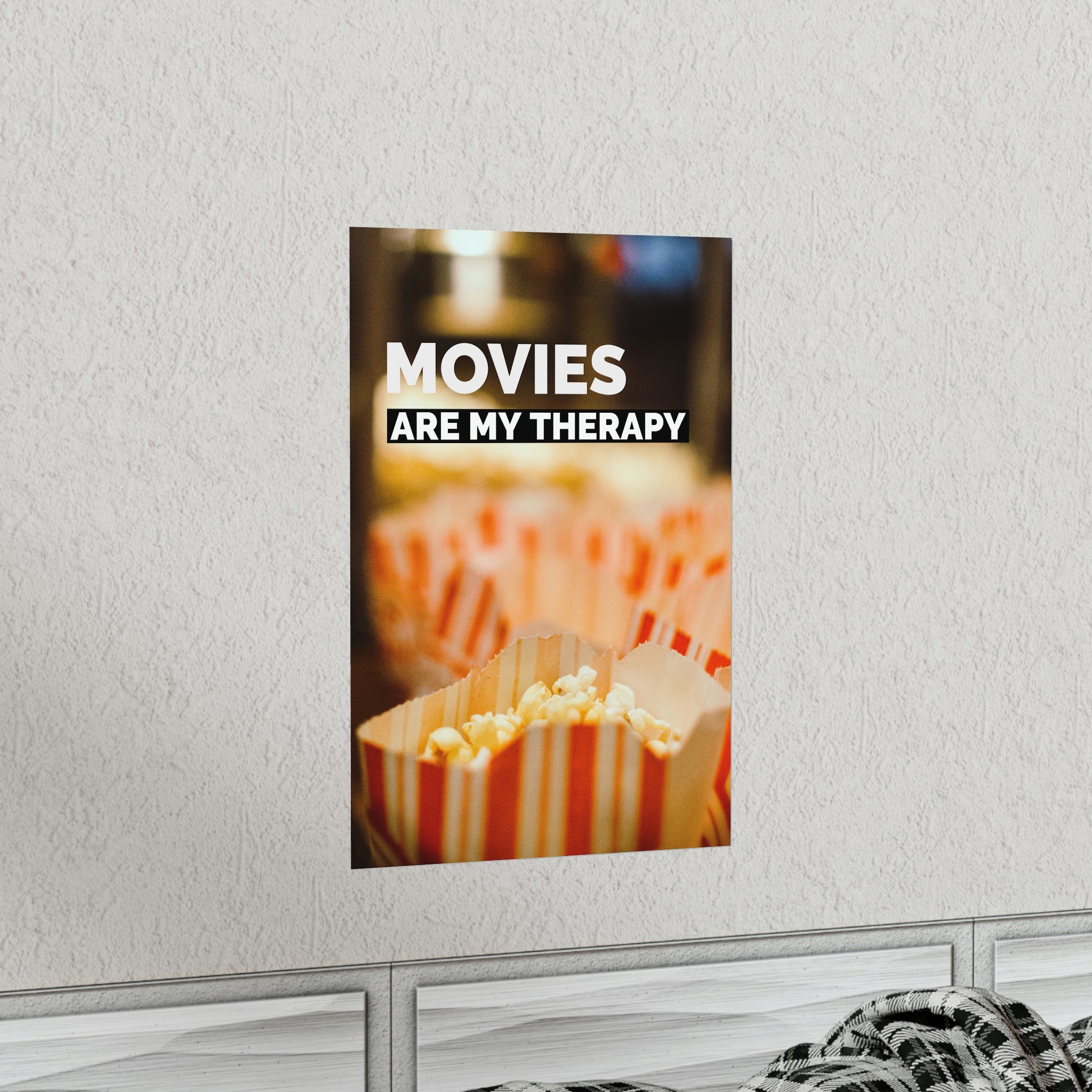 Movies Are My Therapy Poster on fine art paper, showcasing vibrant colors and a matte finish, perfect for indoor decor.