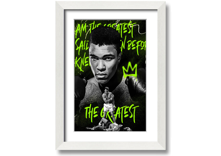 Canvas art featuring Muhammad Ali, mounted on a 44mm box frame, showcasing vibrant colors and iconic imagery.